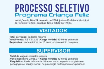 TENENTE PORTELA ABRE INSCRIÇÕES PARA CONTRATAÇÃO DE  SUPERVISOR  E VISITADOR DO PROGRAMA CRIANÇA FELIZ 