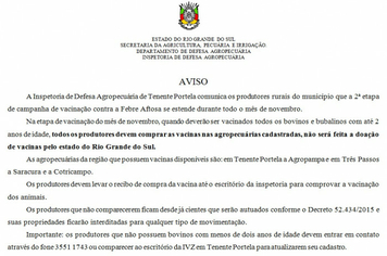 Aviso sobre a vacinação contra Febre Aftosa