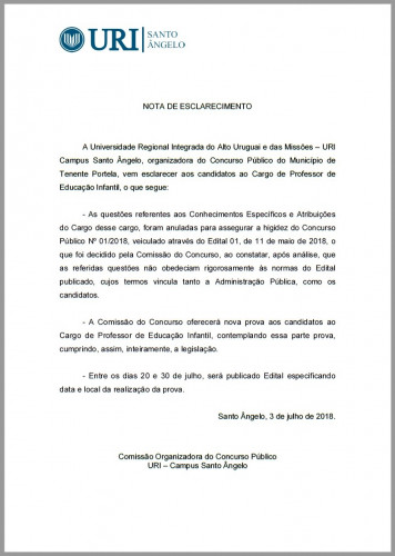 URI DIVULGA NOTA DE ESCLARECIMENTO