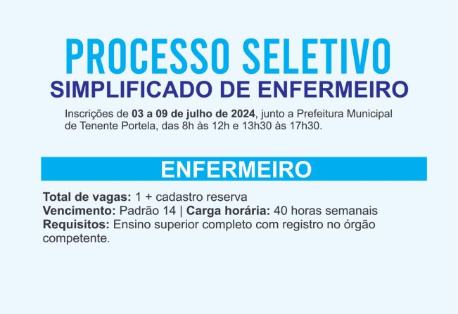 TENENTE PORTELA ABRE INSCRIÇÕES PARA CONTRATAÇÃO DE PROFISSIONAL PARA ATUAR NA SECRETARIA DE SAÚDE E SANEAMENTO