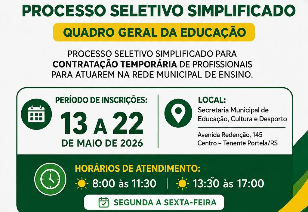 PREFEITURA DE TENENTE PORTELA ABRE INSCRIÇÕES PARA PROCESSO SELETIVO SIMPLIFICADO DA EDUCAÇÃO