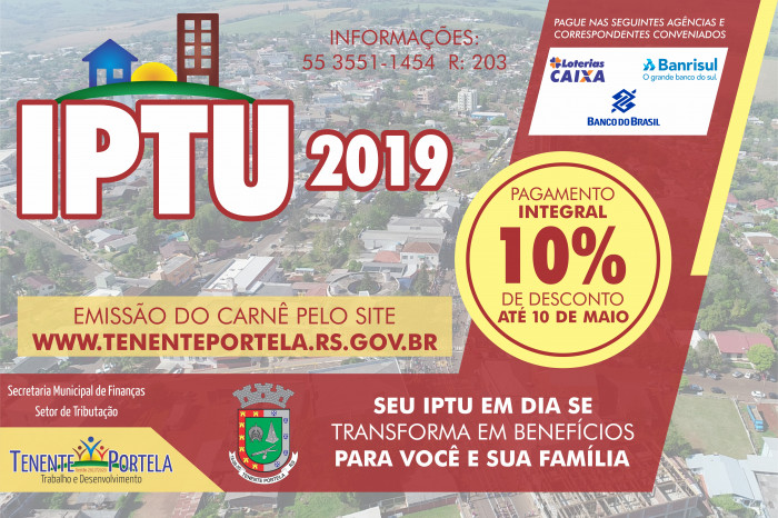 Carnês do IPTU 2019 já estão disponíveis no site da Prefeitura de Tenente Portela