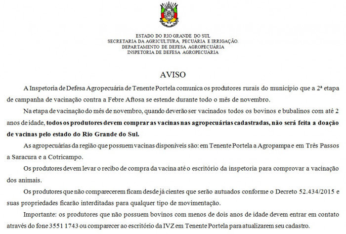 Aviso sobre a vacinação contra Febre Aftosa