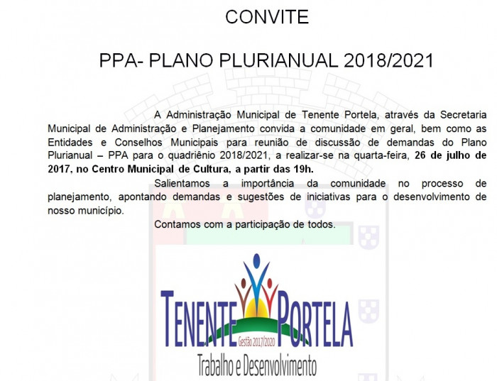 CONVITE: PPA - Plano Plurianual 2018/2021