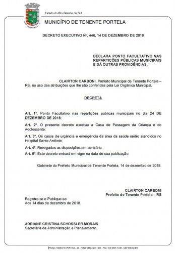 Ponto Facultativo dia 24/12/2018.