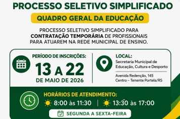PREFEITURA DE TENENTE PORTELA ABRE INSCRIÇÕES PARA PROCESSO SELETIVO SIMPLIFICADO DA EDUCAÇÃO