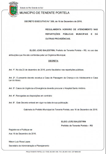 Prefeito decreta ponto facultativo no dia 23 de dezembro