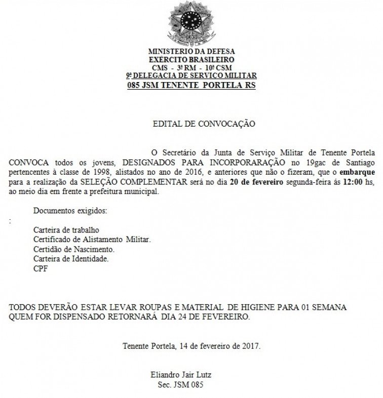 Junta de Serviço Militar de Tenente Portela divulga edital de convocação