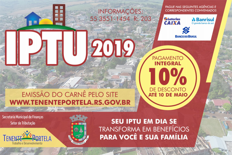 Carnês do IPTU 2019 já estão disponíveis no site da Prefeitura de Tenente Portela