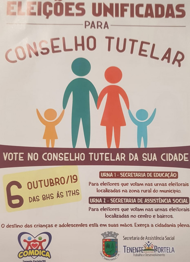 Eleições Unificadas para Conselheiro Tutelar  acontece Dia 03 de Outubro de 2019 em Tenente Portela