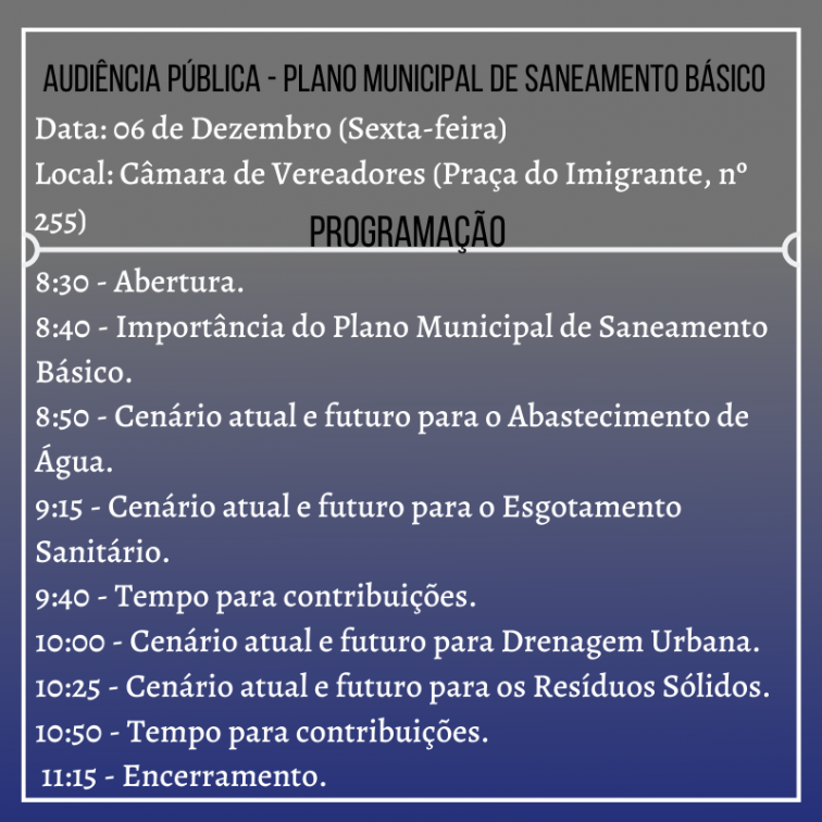 Município promove Audiência Pública para a aprovação da revisão do Plano Municipal de Saneamento Básico