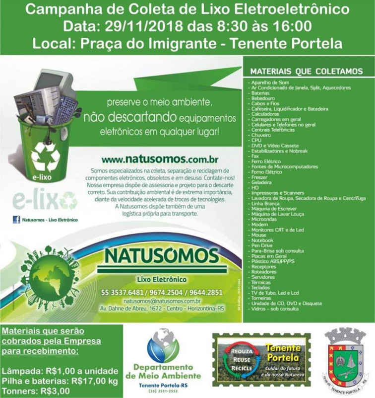Campanha da Coleta de Lixo Eletroeletrônico ocorrerá  dia 29 novembro