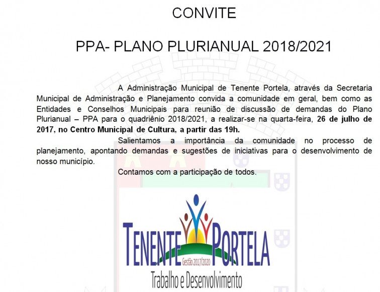 CONVITE: PPA - Plano Plurianual 2018/2021