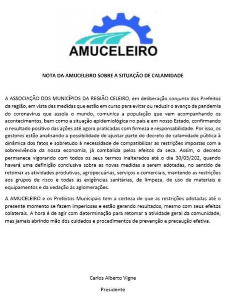 Prefeitos da Amuceleiro emitem nota oficial sobre ações contra o Coronavírus
